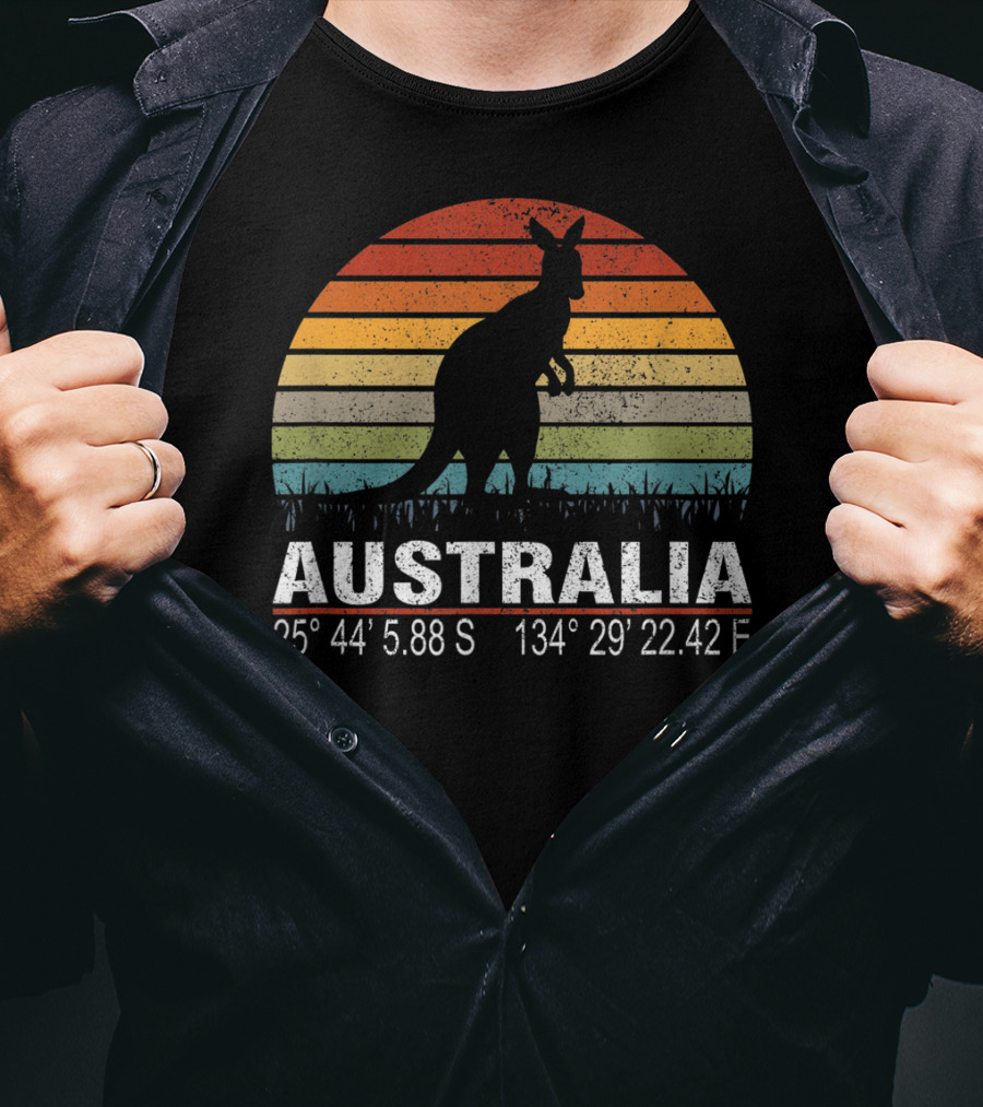 Australia Retro Kangaroo Silhouette Sunset With GPS Coordinates T-Shirt
