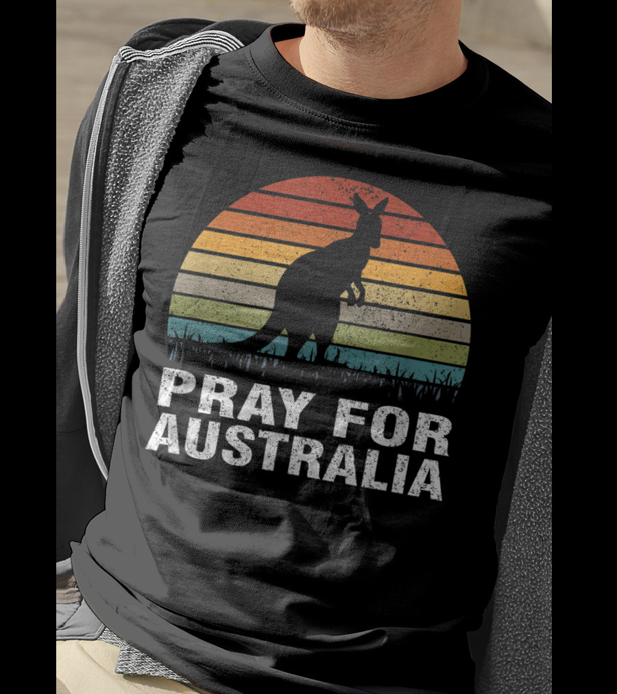 Retro Sun Stripes Kangaroo Silhouette Pray For Australia T-Shirt