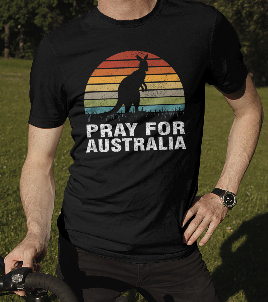 Retro Sun Stripes Kangaroo Silhouette Pray For Australia T-Shirt