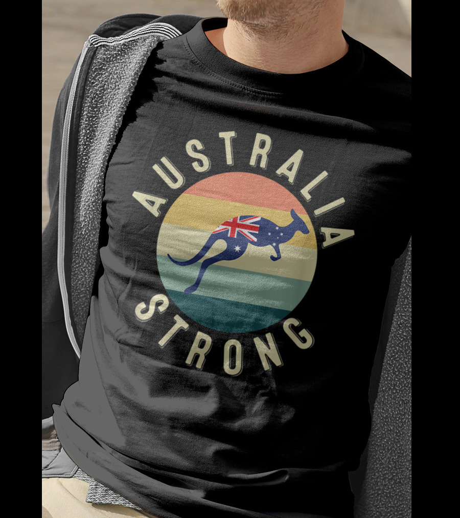 Australia Strong Kangaroo With Flag Sunset Stripes T-Shirt
