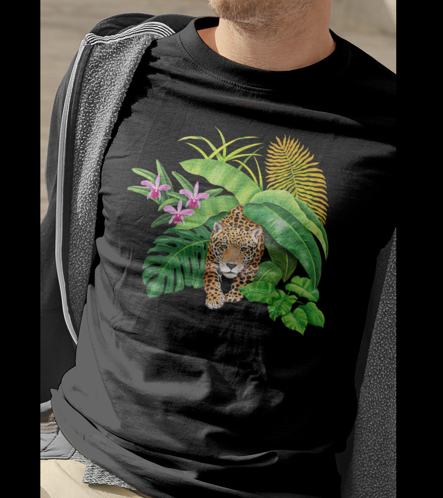 Jaguar Amongst Amazonas Foliage With Orchid Flowers Australia Animal Print Cat T-Shirt