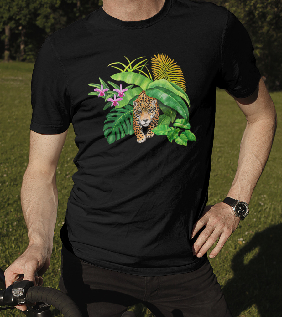 Jaguar Amongst Amazonas Foliage With Orchid Flowers Australia Animal Print Cat T-Shirt