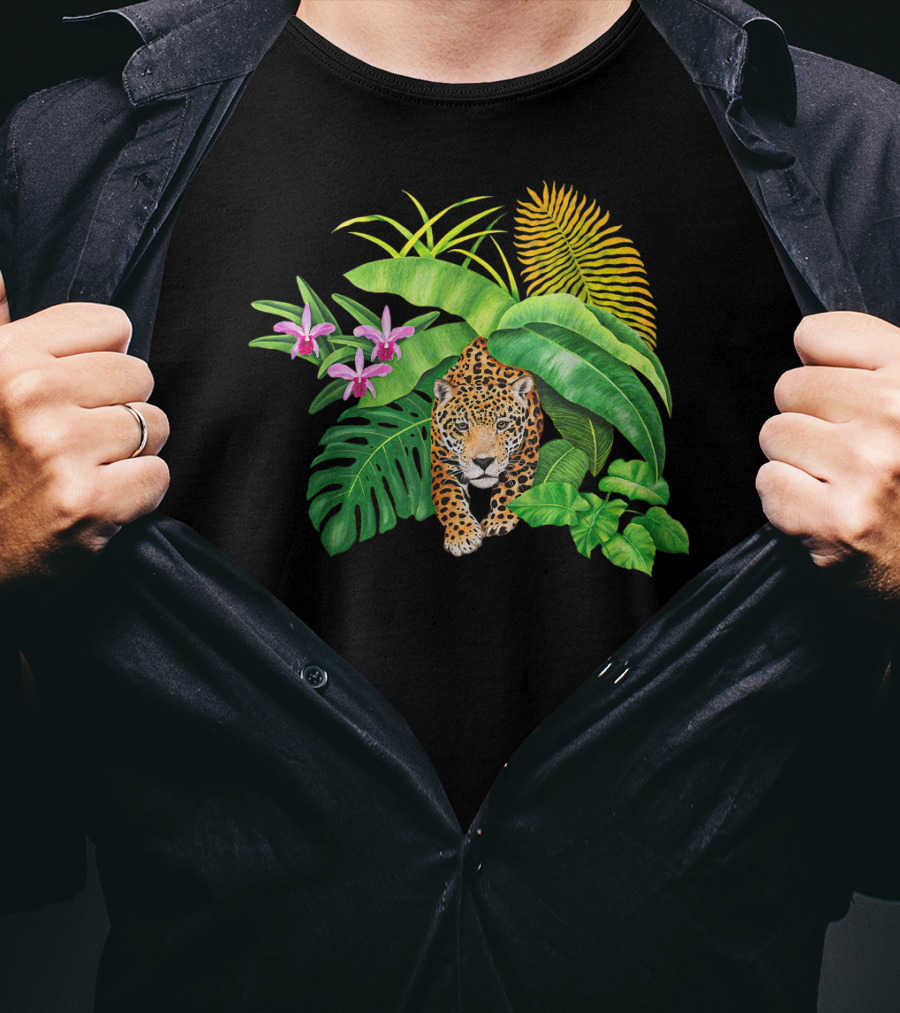 Jaguar Amongst Amazonas Foliage With Orchid Flowers Australia Animal Print Cat T-Shirt