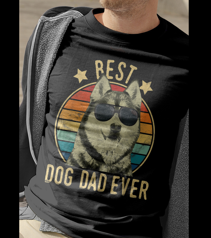 Mens Best Dog Dad Ever Siberian Husky Wearing Sunglasses T-Shirt