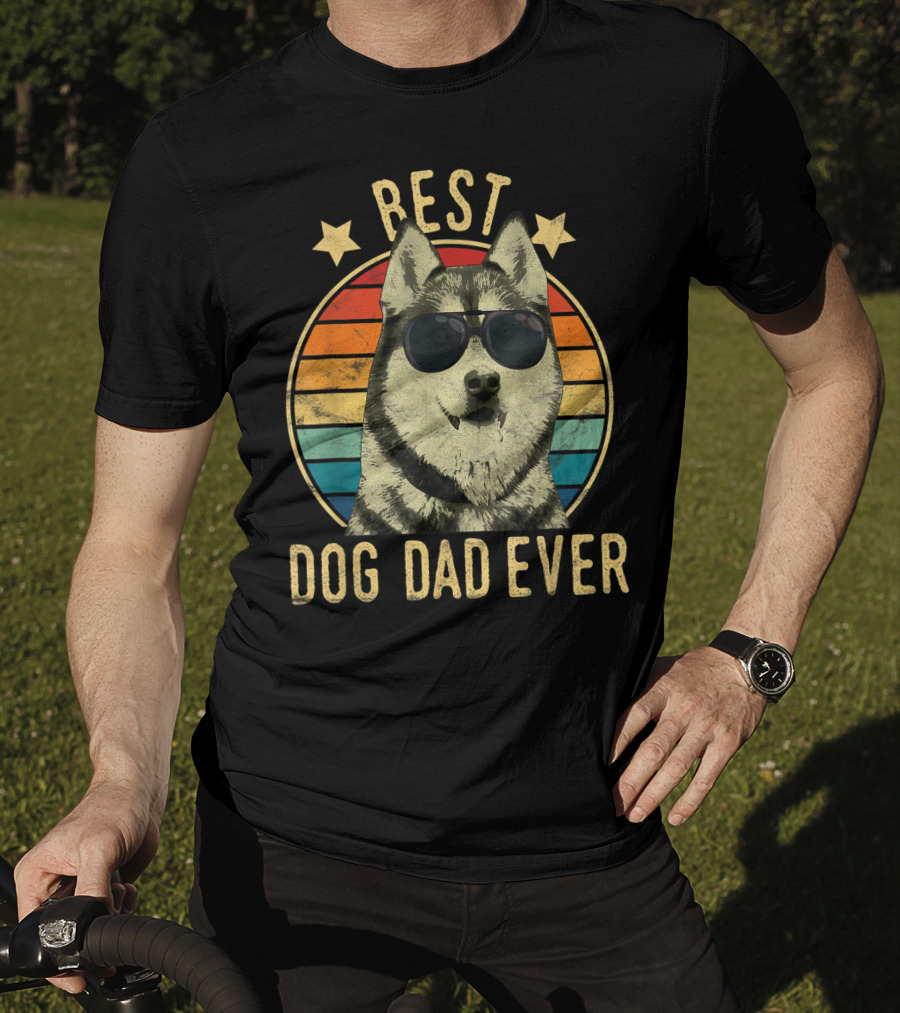 Mens Best Dog Dad Ever Siberian Husky Wearing Sunglasses T-Shirt