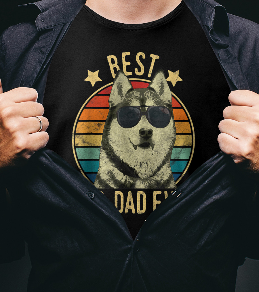 Mens Best Dog Dad Ever Siberian Husky Wearing Sunglasses T-Shirt