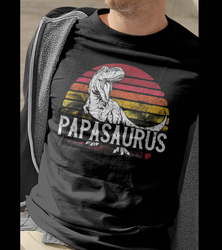 Mens Father's Day Papasaurus Dinosaur Retro Sunset T-Shirt
