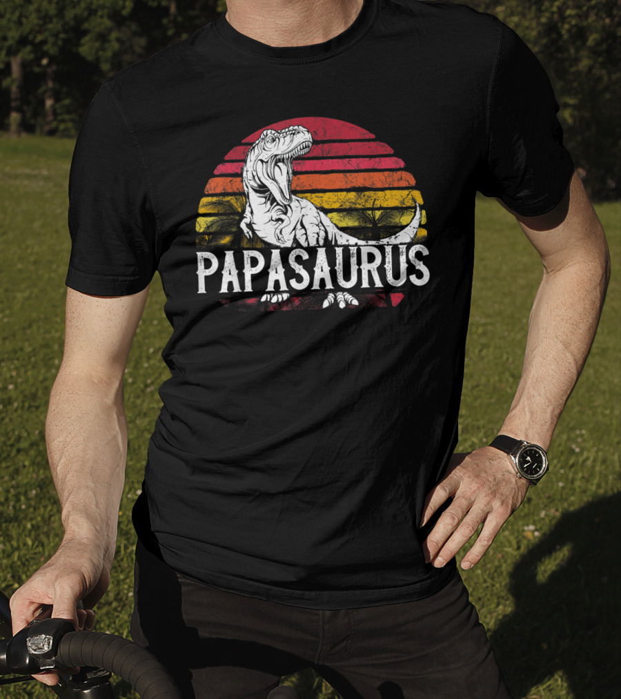 Mens Father's Day Papasaurus Dinosaur Retro Sunset T-Shirt