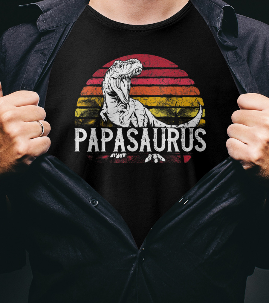 Mens Father's Day Papasaurus Dinosaur Retro Sunset T-Shirt