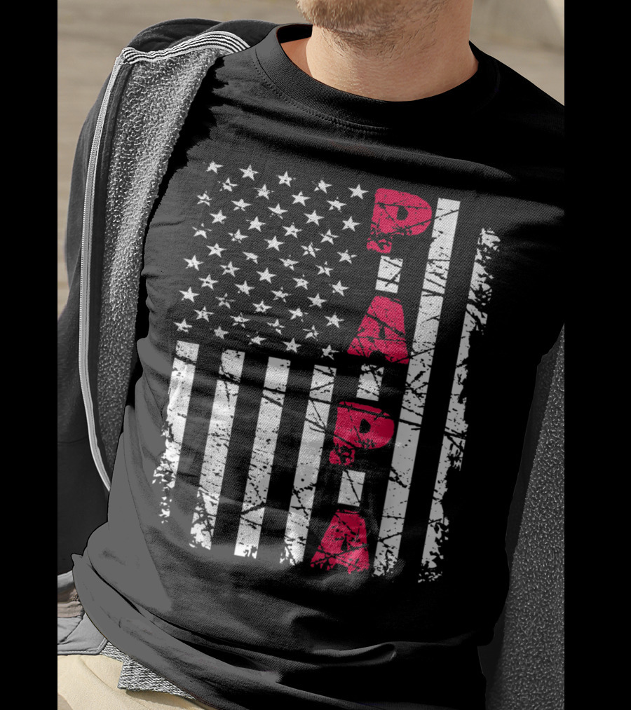 Mens Proud Papa American Flag Christmas Husban T-Shirt