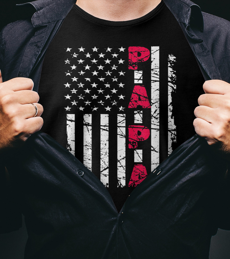 Mens Proud Papa American Flag Christmas Husban T-Shirt