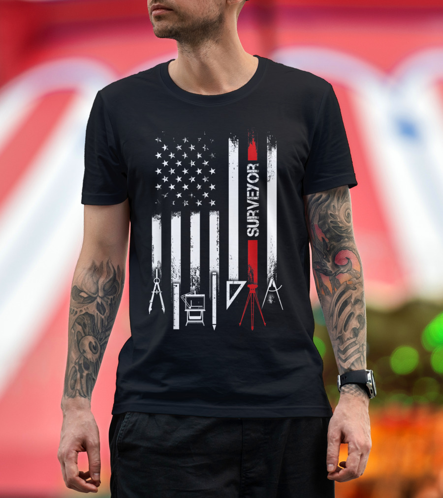 Surveyor American Flag with Tools and Compass Elements T-Shirt