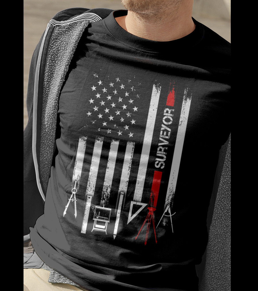 Surveyor American Flag With Tools And Compass Elements T-Shirt