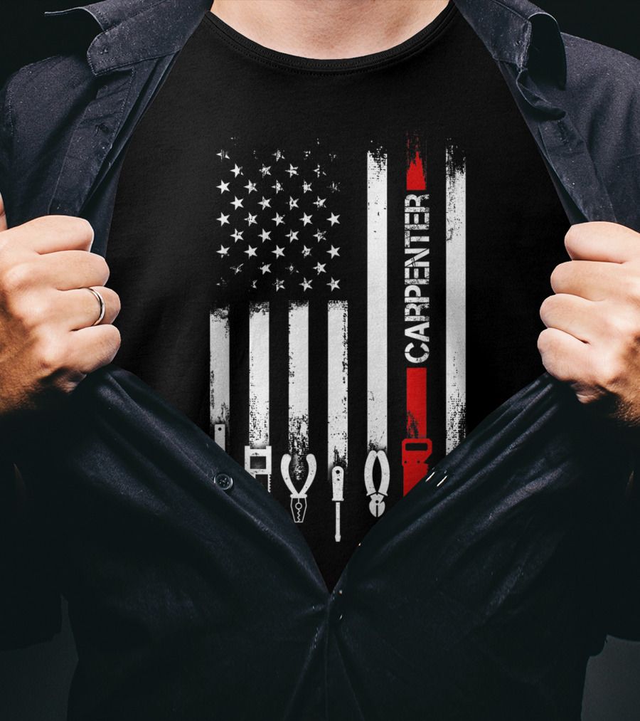 American Flag Carpenter Tools Vertical Stripes Saw Wrench Pliers Hammer T-Shirt