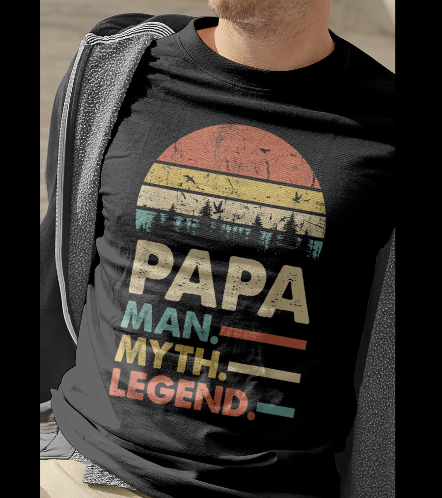 Papa Man Myth Legend Vintage Mens Dad Yx Retro Sunset Forest Birds T-Shirt