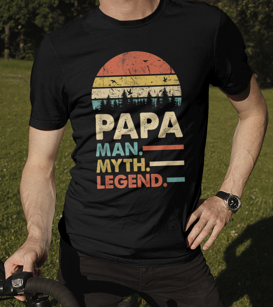 Papa Man Myth Legend Vintage Mens Dad Yx Retro Sunset Forest Birds T-Shirt