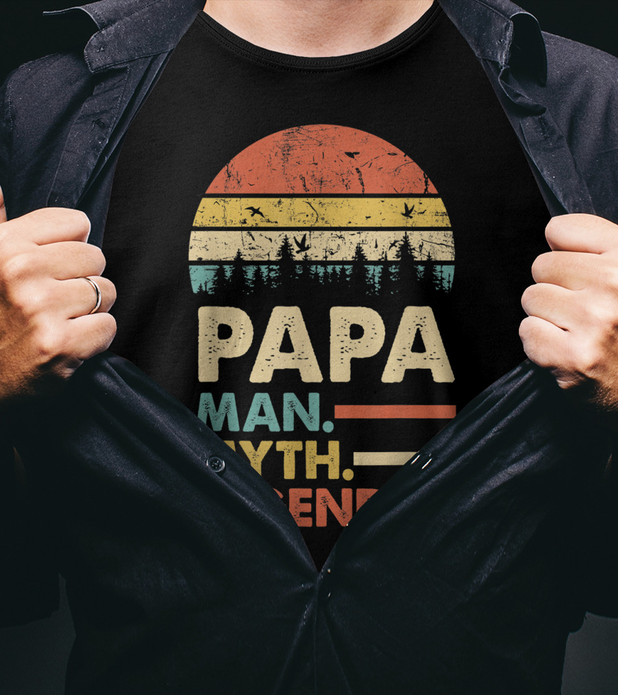 Papa Man Myth Legend Vintage Mens Dad Yx Retro Sunset Forest Birds T-Shirt