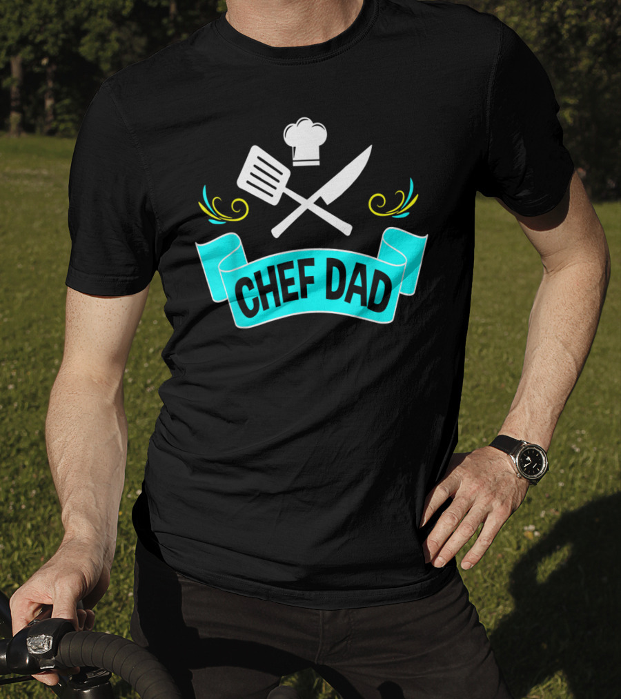 Chef Dad Cooking Daddy Banner With Chef Hat And Cooking Tools T-Shirt