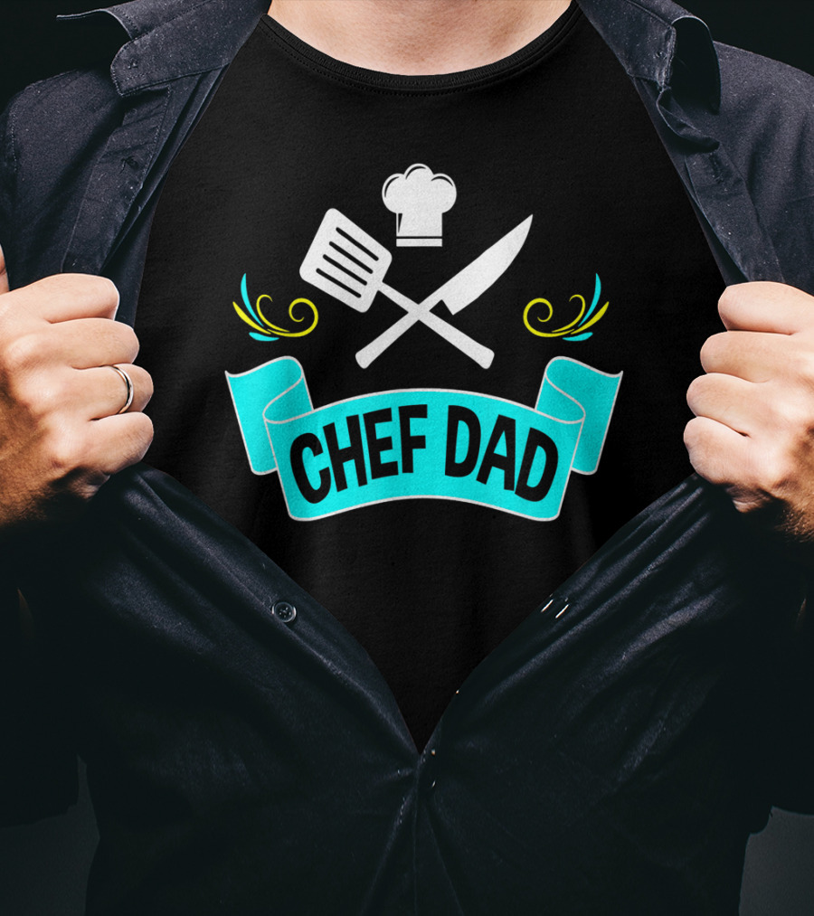 Chef Dad Cooking Daddy Banner With Chef Hat And Cooking Tools T-Shirt