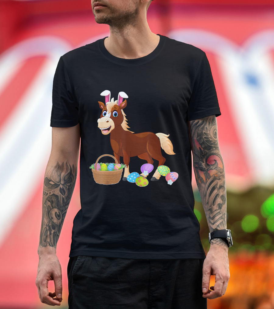 Happy Easter Bunny Horse with Colorful Egg Basket T-Shirt