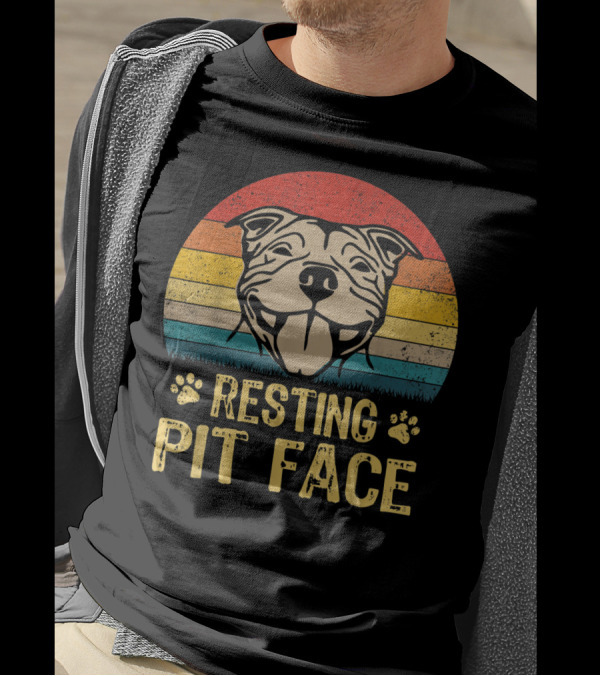 Resting Pit Face Retro Pitbull Dog With Stripes T-Shirt