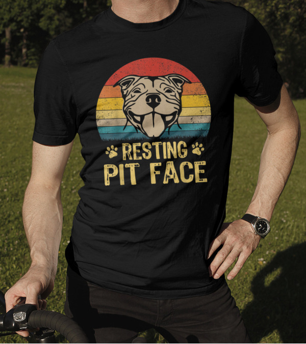 Resting Pit Face Retro Pitbull Dog With Stripes T-Shirt