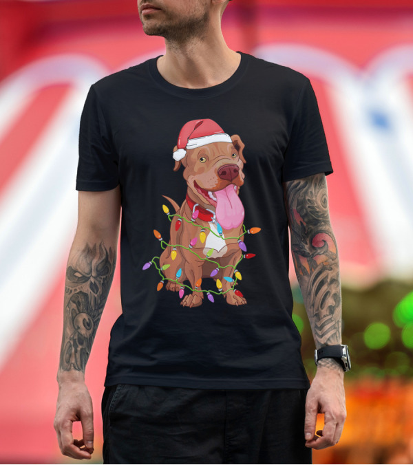 Premium T-Shirt: Pitbull Dogs Christmas Tree Lights Pet Xmas T-Shirt Pitbull Dogs Christmas Tree Lights Pet Xmas T-Shirt
