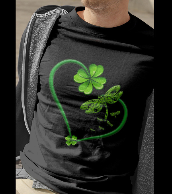Dragonfly Heart Irish Shamrock Clover T-Shirt