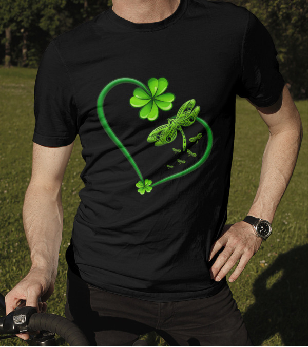 Dragonfly Heart Irish Shamrock Clover T-Shirt