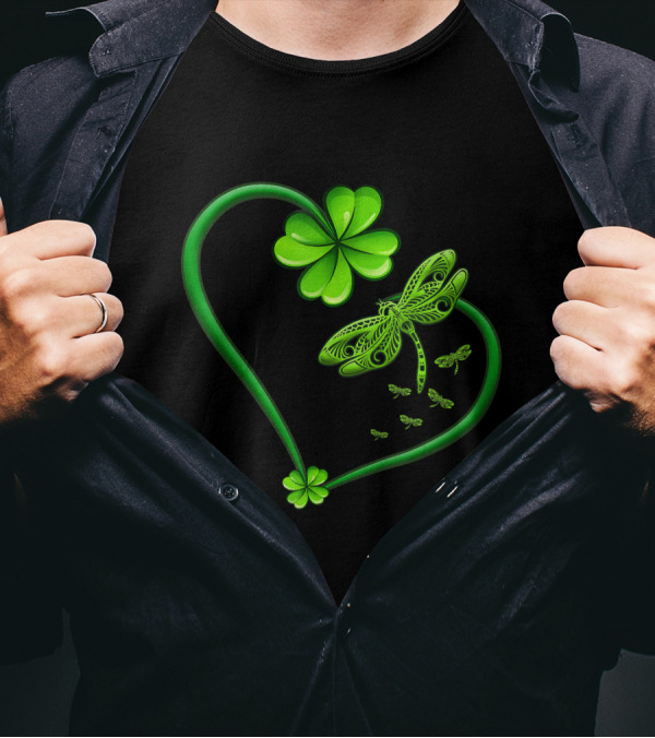 Dragonfly Heart Irish Shamrock Clover T-Shirt