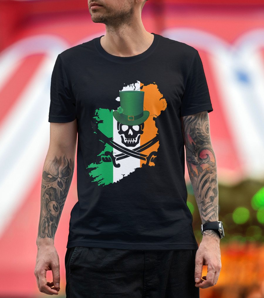 Irish Flag Pirate Skull with Leprechaun Hat Saint Patricks Day T-Shirt