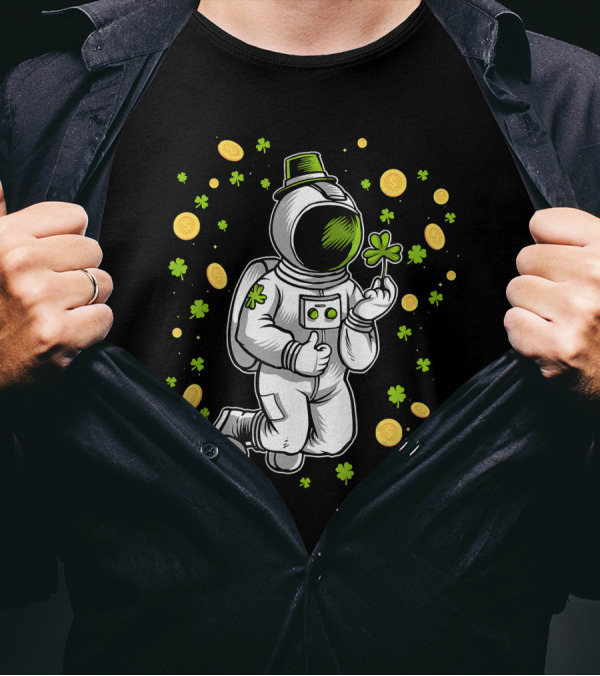 St. Patrick's Day Astronaut With Shamrock And Floating Coins T-Shirt