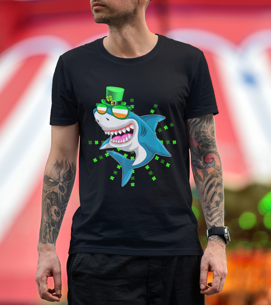 St. Patrick's Day Shark Wearing Irish Sunglasses with Green Hat and Shamrocks T-Shirt