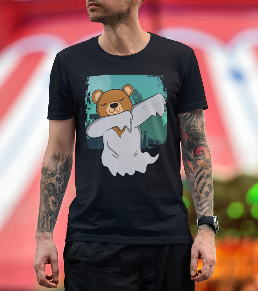 Ghost Bear Halloween Dabbing with Moonlit Graveyard Background T-Shirt