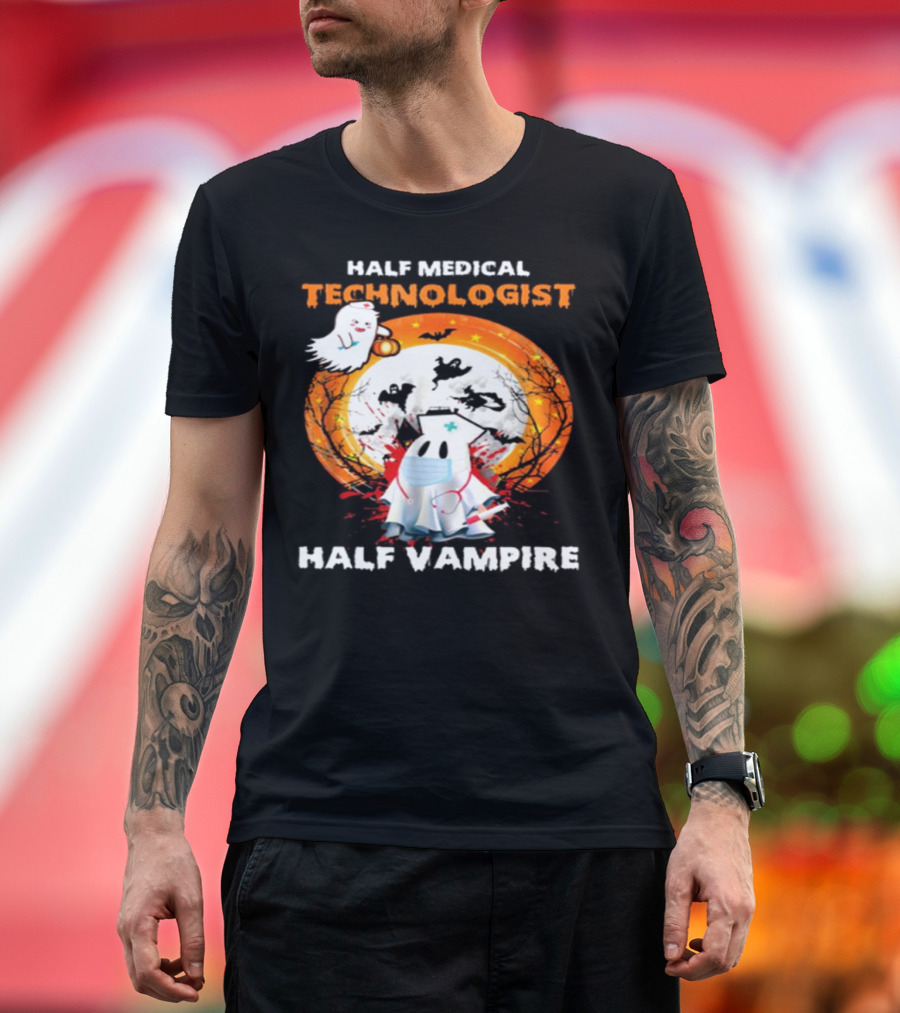 Half Medical Technologist Half Vampire Ghost Nurse Halloween Moon Bats T-Shirt