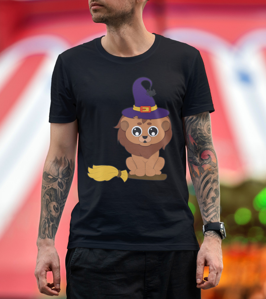 Halloween Lion Witch Riding Broomstick T-Shirt