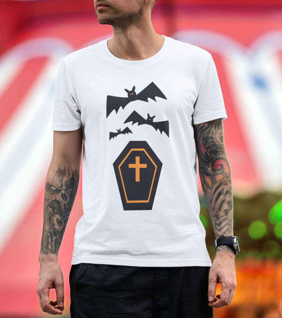 Halloween Bats Trick Or Treat Coffin with Cross and Creepy Shadows T-Shirt