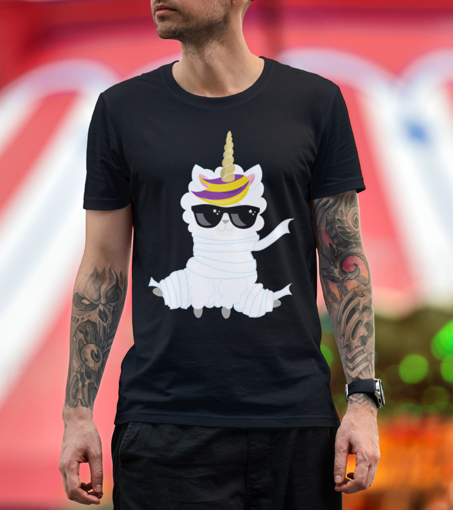 Halloween Unicorn Sheep Mummy with Sunglasses T-Shirt