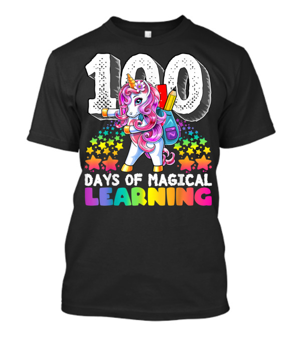 100 Days Of Magical Learning Flossing Unicorn With Colorful Stars And Backpack T-Shirt