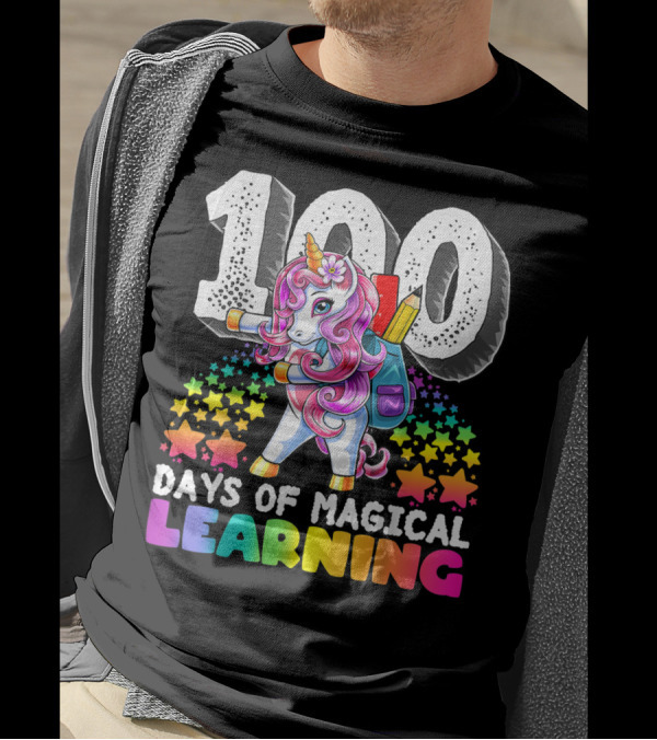 100 Days Of Magical Learning Flossing Unicorn With Colorful Stars And Backpack T-Shirt