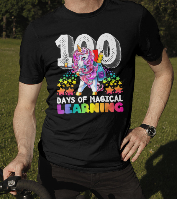 100 Days Of Magical Learning Flossing Unicorn With Colorful Stars And Backpack T-Shirt