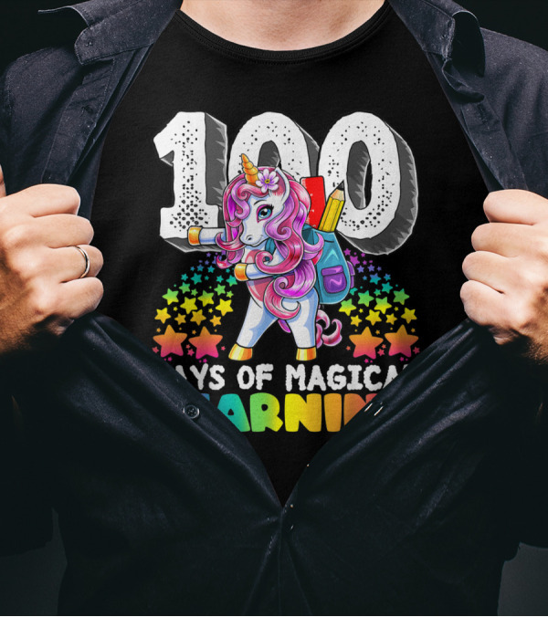 100 Days Of Magical Learning Flossing Unicorn With Colorful Stars And Backpack T-Shirt