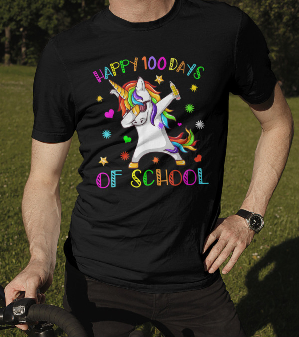 Happy 100 Days Of School Dabbing Unicorn Rainbow Stars Hearts T-Shirt