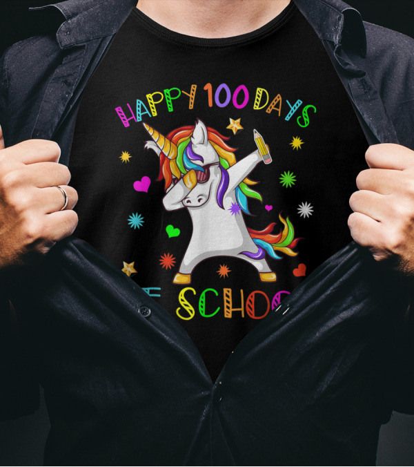 Happy 100 Days Of School Dabbing Unicorn Rainbow Stars Hearts T-Shirt