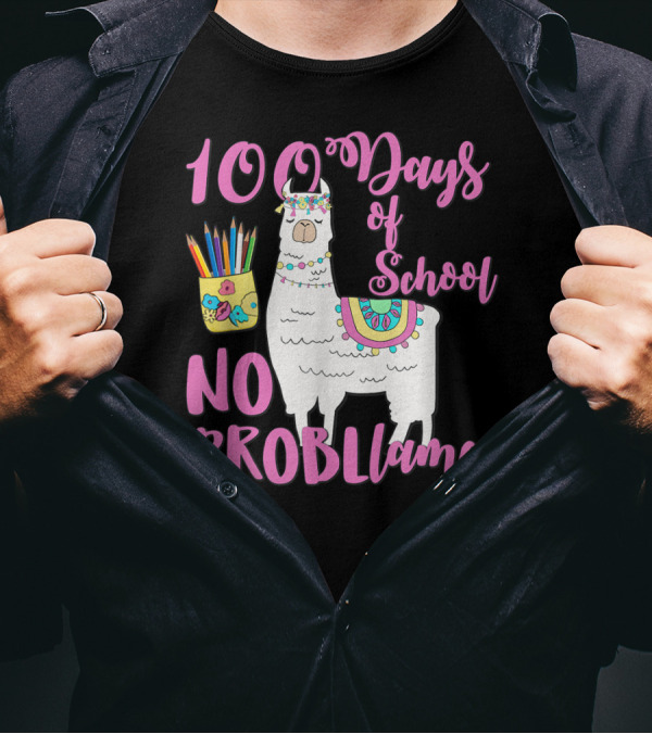 100 Days Of School No Probllama Llama Teachers T-Shirt