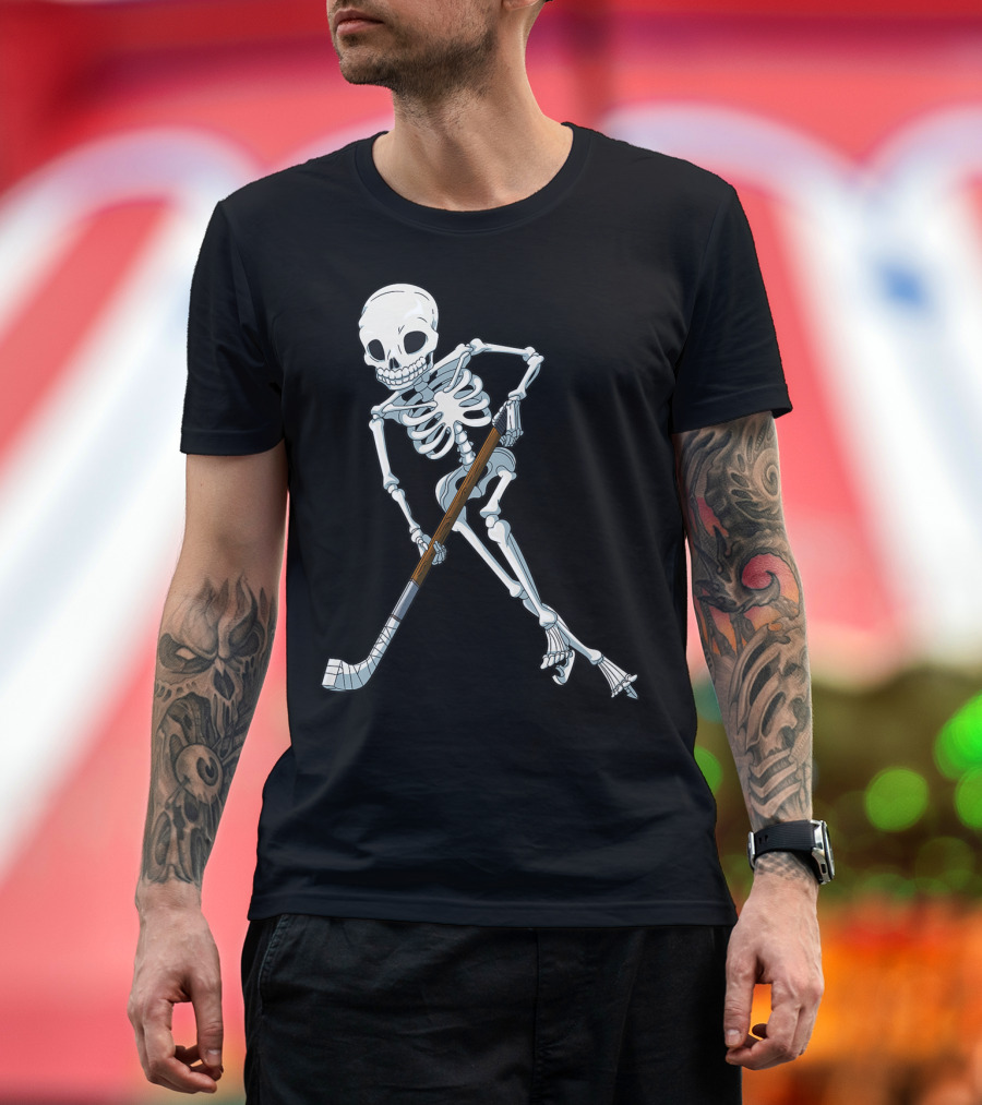 Skeleton Ice Hockey Halloween Funny Skull Player T-Shirt