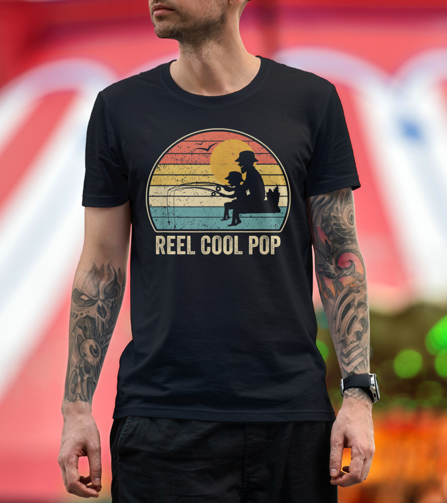 Reel Cool Pop Vintage Fisherman Father's Day Retro Sunset Fishing T-Shirt