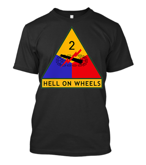 Us Army 2nd Armored Division Hell On Wheels Triangular Emblem With Tank Tracks And Lightning Bolt T-Shirt