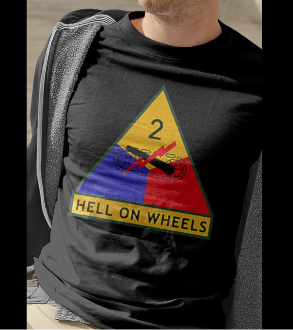 Us Army 2nd Armored Division Hell On Wheels Triangular Emblem With Tank Tracks And Lightning Bolt T-Shirt