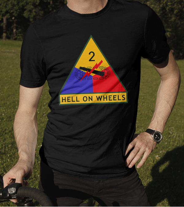 Us Army 2nd Armored Division Hell On Wheels Triangular Emblem With Tank Tracks And Lightning Bolt T-Shirt